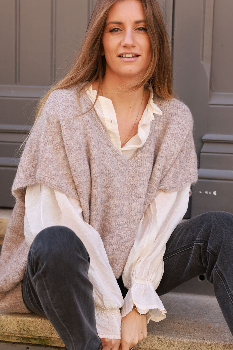 Taupe Wool Blend V-Neck Knit Sweater 