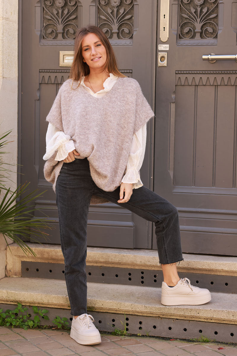 Taupe Wool Blend V-Neck Knit Sweater 