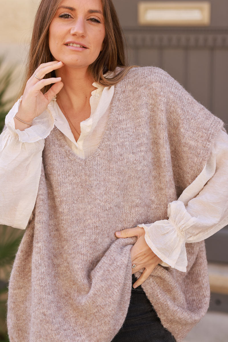 Taupe Wool Blend V-Neck Knit Sweater 