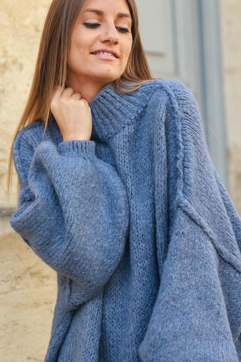 Dusty blue chunky knit sweater oversized and funnel neck