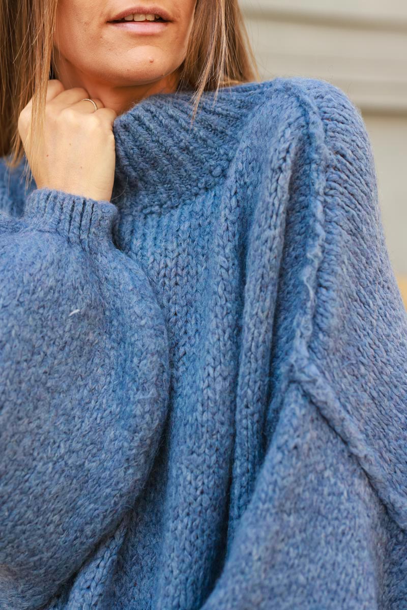 Dusty blue chunky knit jumper oversized and funnel neck