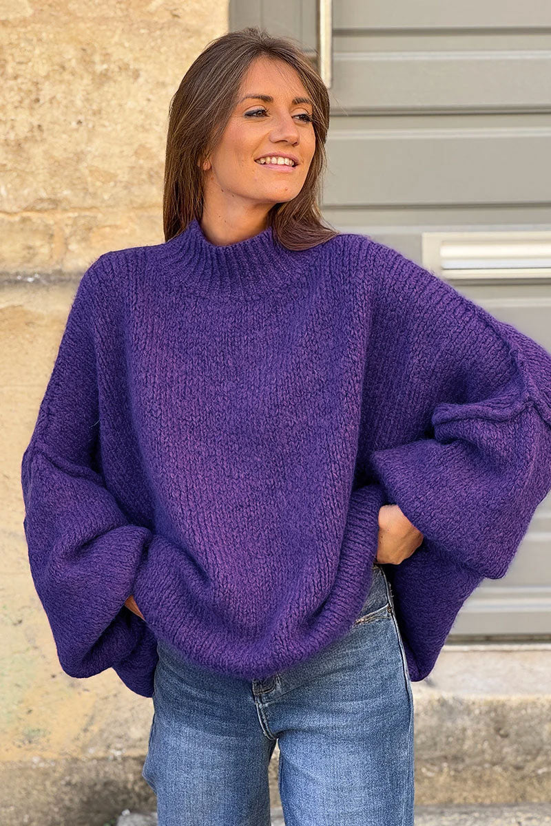 Purple Chunky Knit Sweater Oversized and Funnel Neck