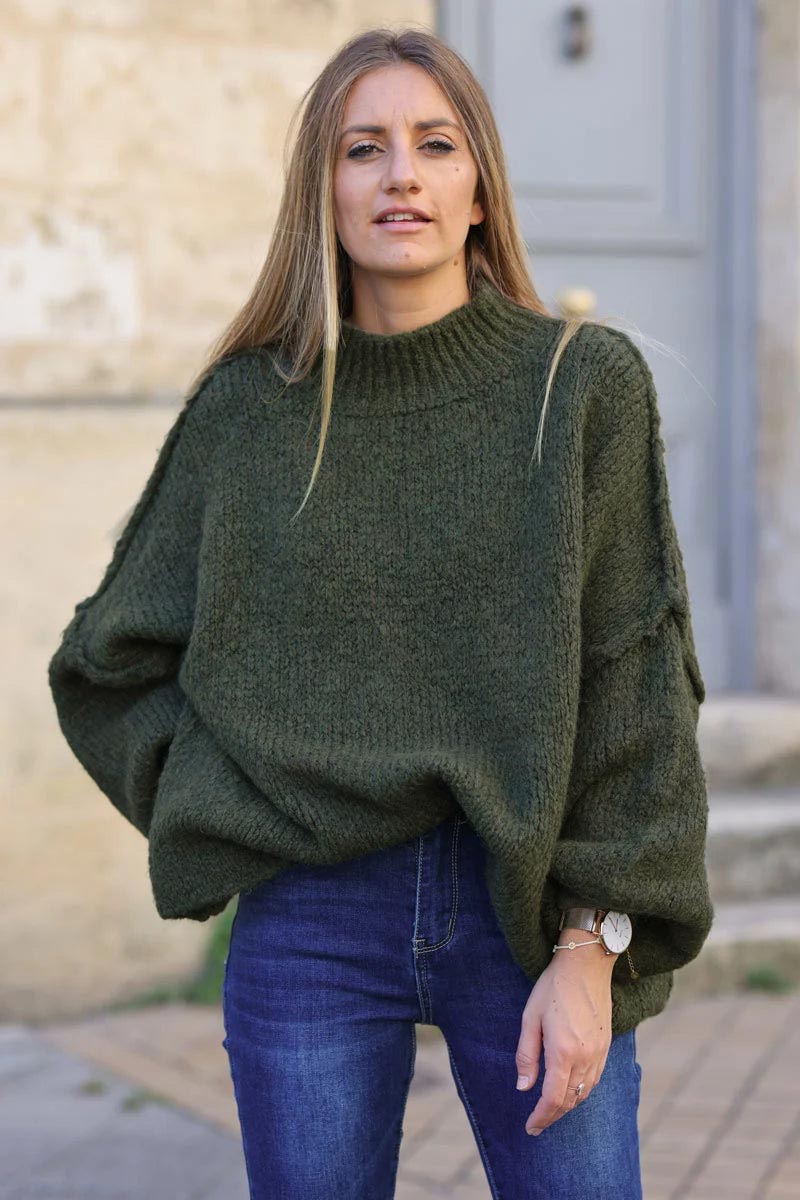 Khaki chunky knit jumper oversized and funnel neck