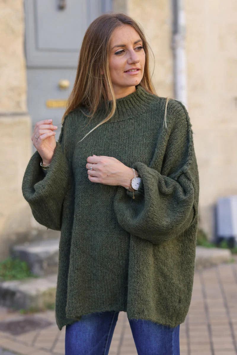 Khaki chunky knit jumper oversized and funnel neck