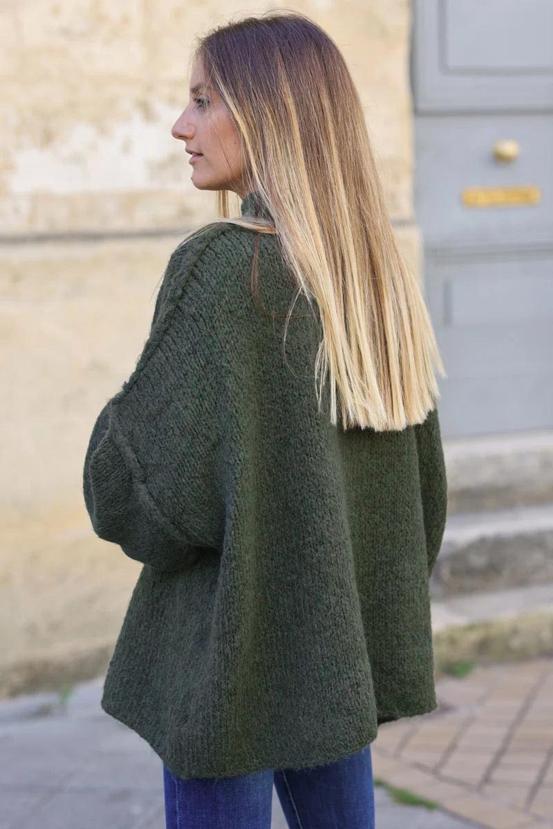 Khaki chunky knit jumper oversized and funnel neck