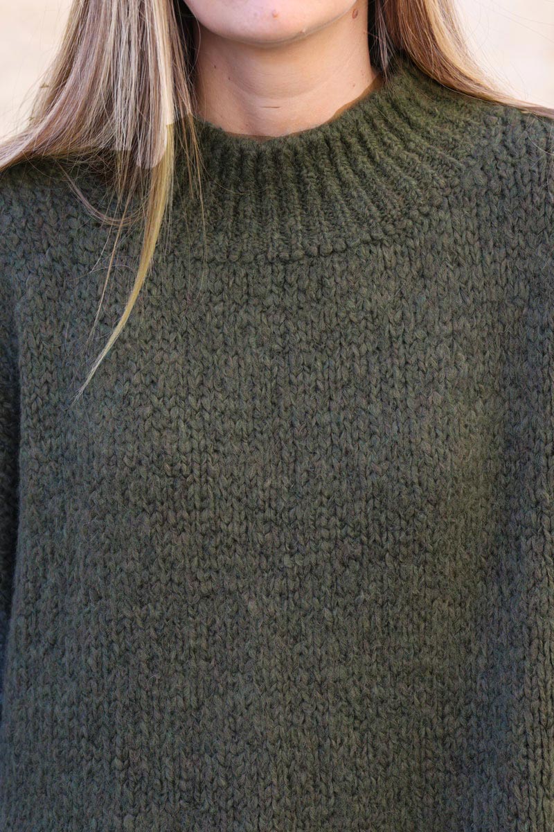 Khaki chunky knit jumper oversized and funnel neck