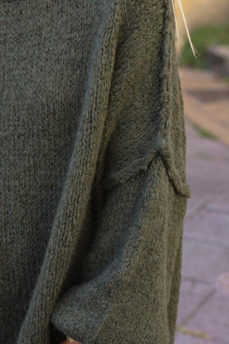 Khaki chunky knit jumper oversized and funnel neck