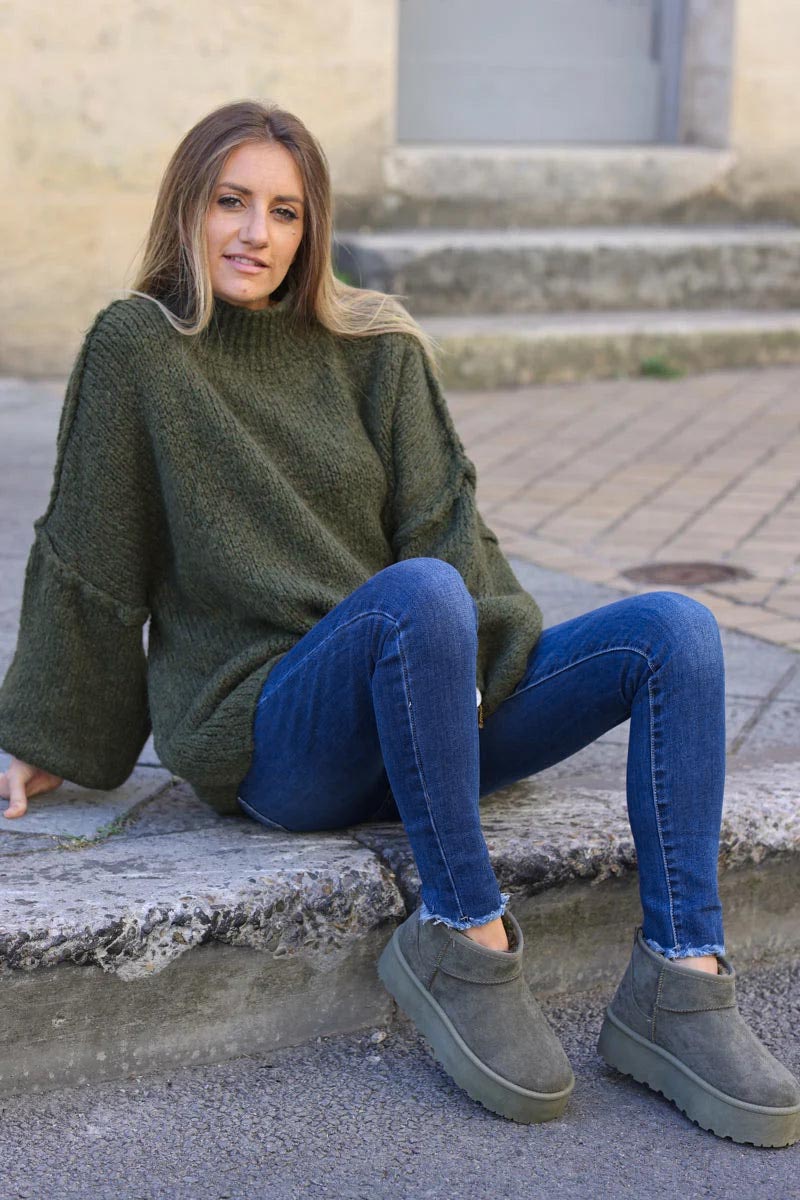 Khaki chunky knit jumper oversized and funnel neck