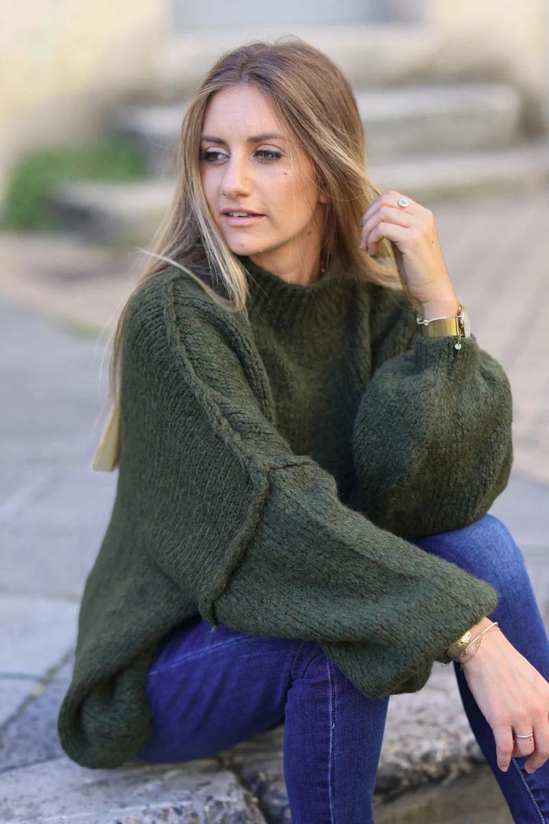 Khaki chunky knit jumper oversized and funnel neck