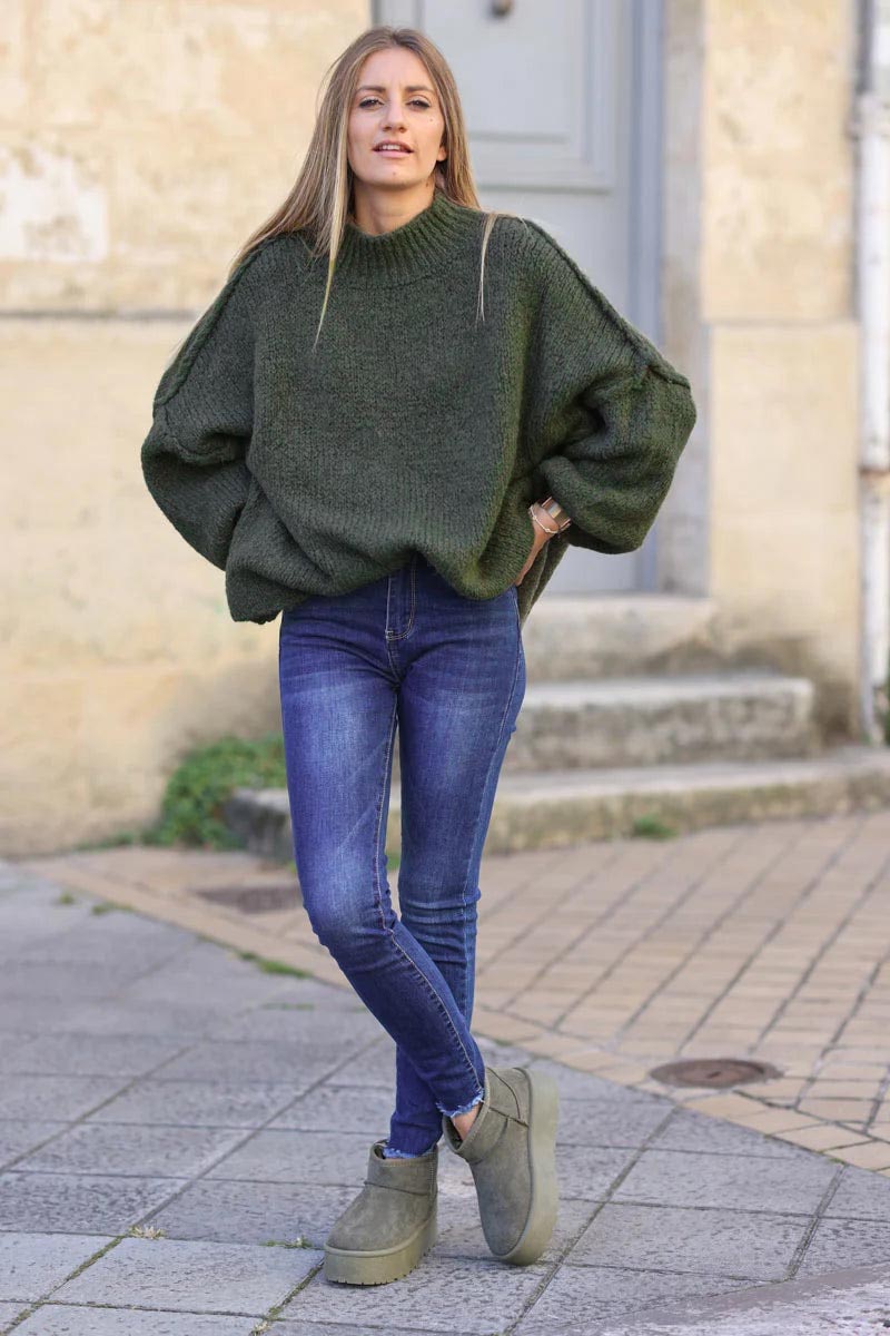 Khaki chunky knit jumper oversized and funnel neck