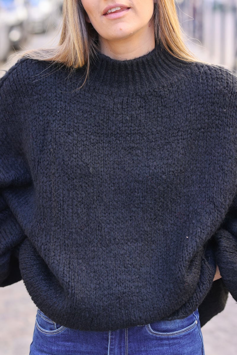 Black chunky knit jumper oversized and funnel neck Horizons Lointains