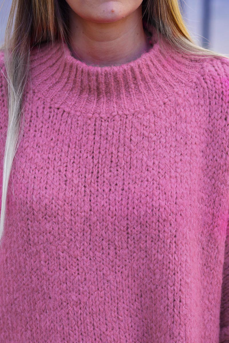 Pink chunky knit jumper oversized and funnel neck