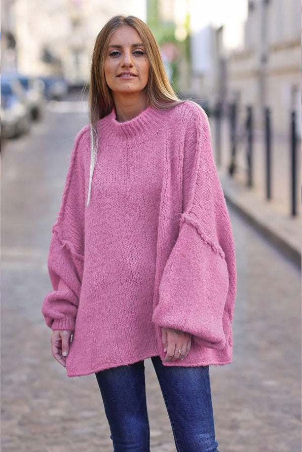 Gros pull large rose en maille chaude couture apparente