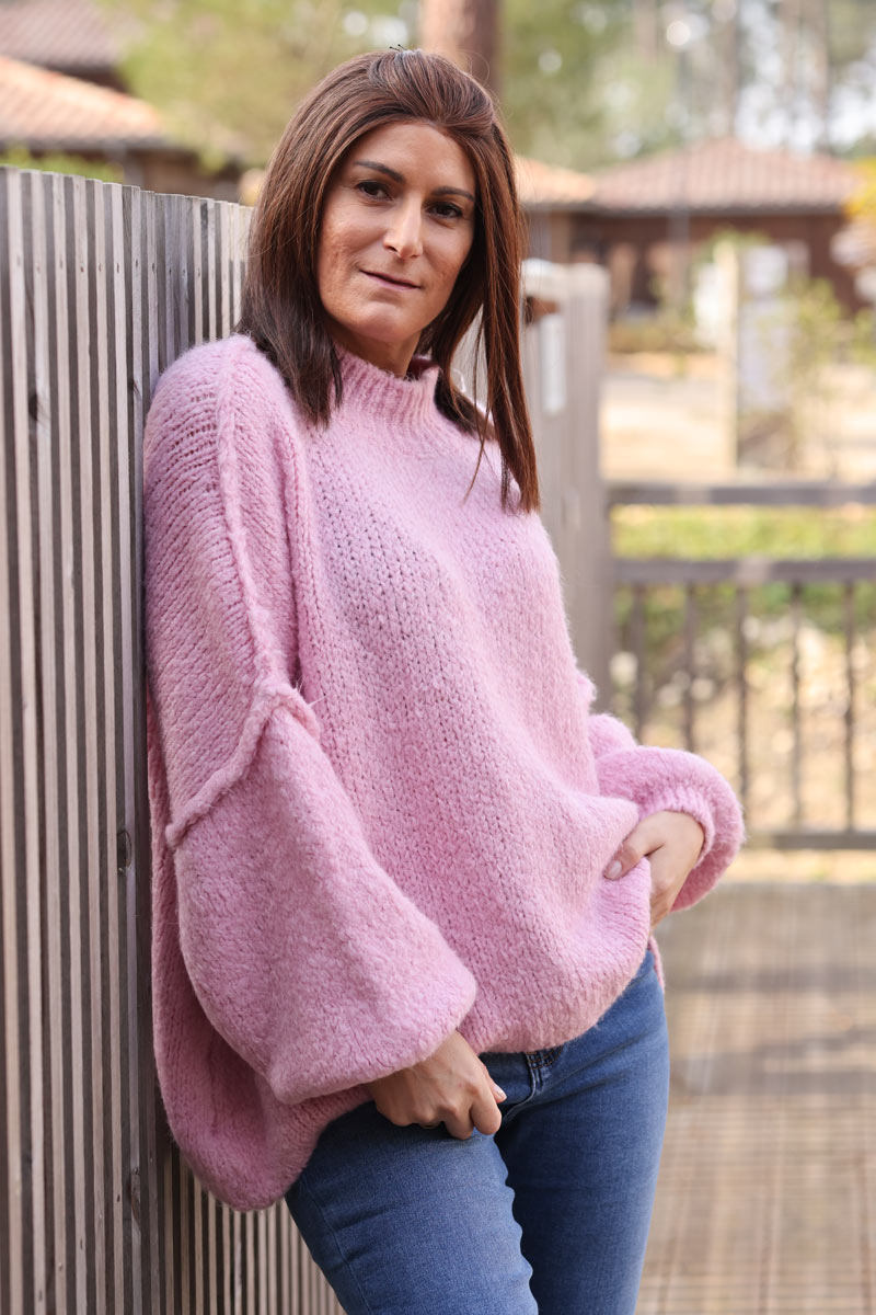 Powder pink chunky knit jumper oversized and funnel neck