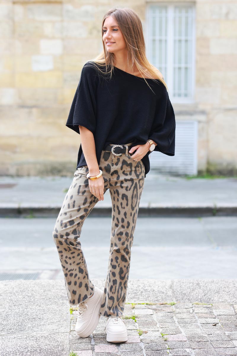 Cropped Taupe leopard print denim jeans with fringed hems