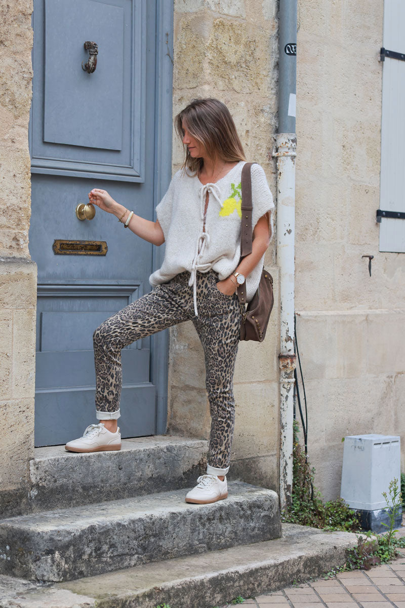 Beige leopard print slim stretch jeans