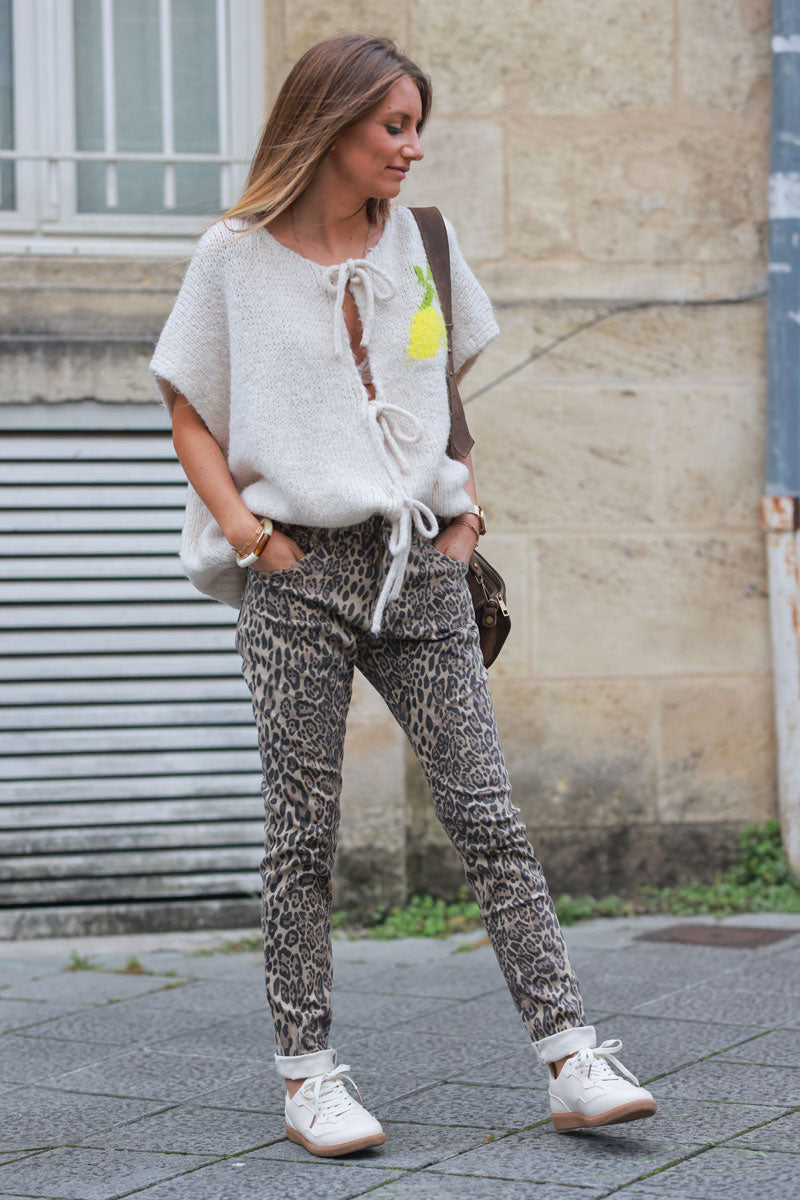 Beige leopard print slim stretch jeans