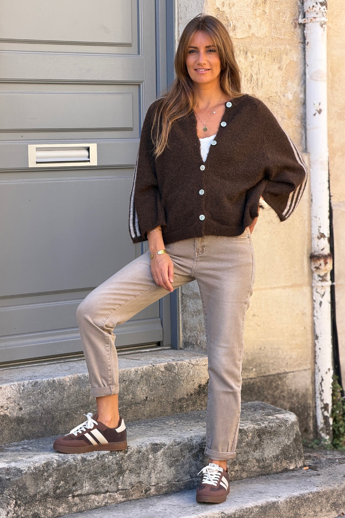 Jean beige délavé stretch coupe slim