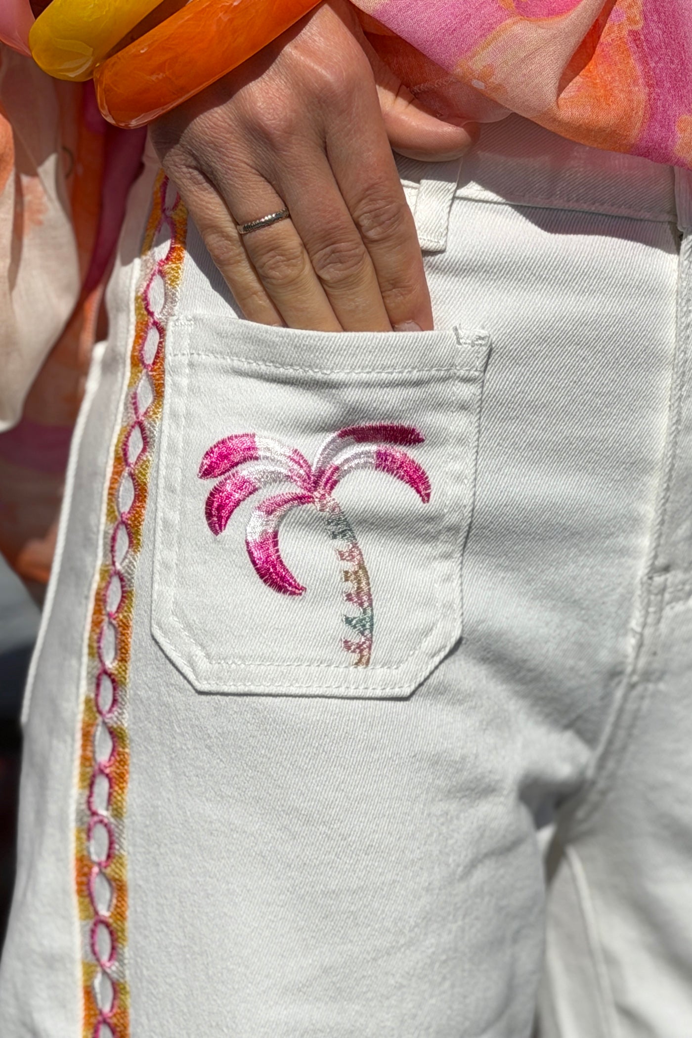 Light Blue Jean Tropical Embroidered Wide Leg Jeans