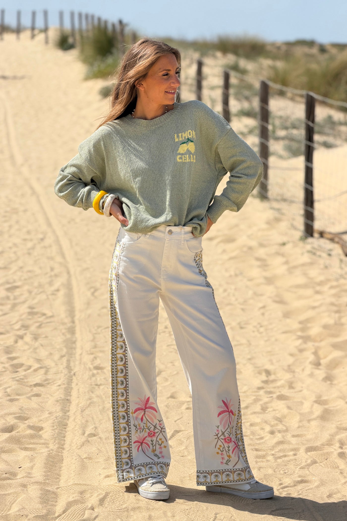 White Embroidered Tropical Border Print Wide-Leg Jeans
