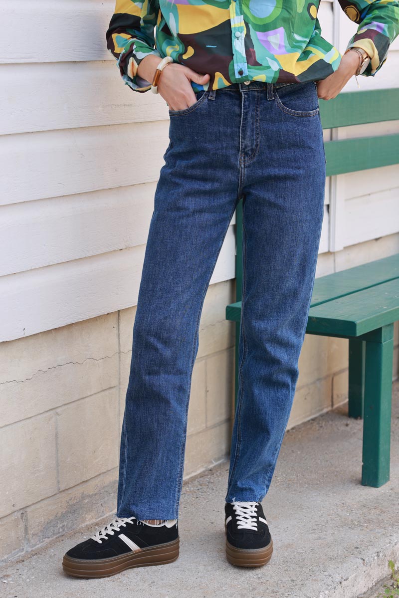 Medium Wash Cropped Jeans with Fringe Cuff