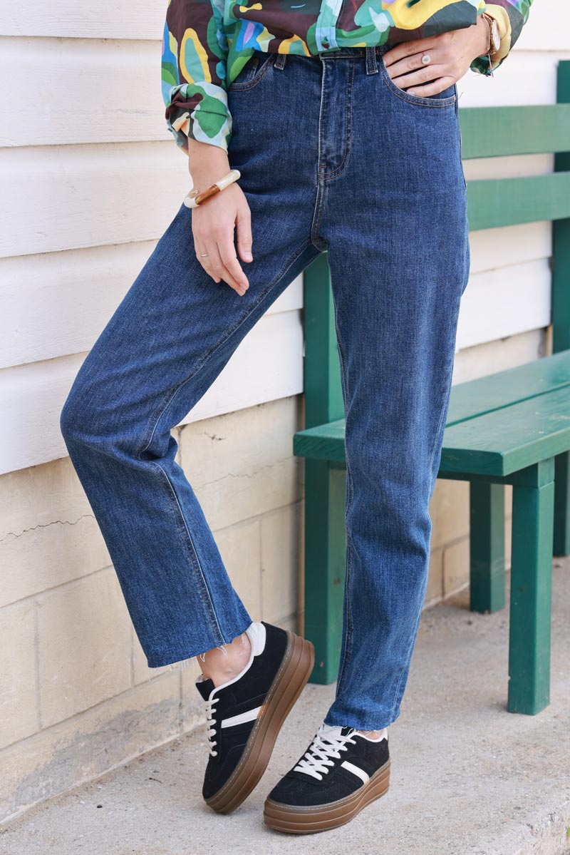 Medium Wash Cropped Jeans with Fringe Cuff