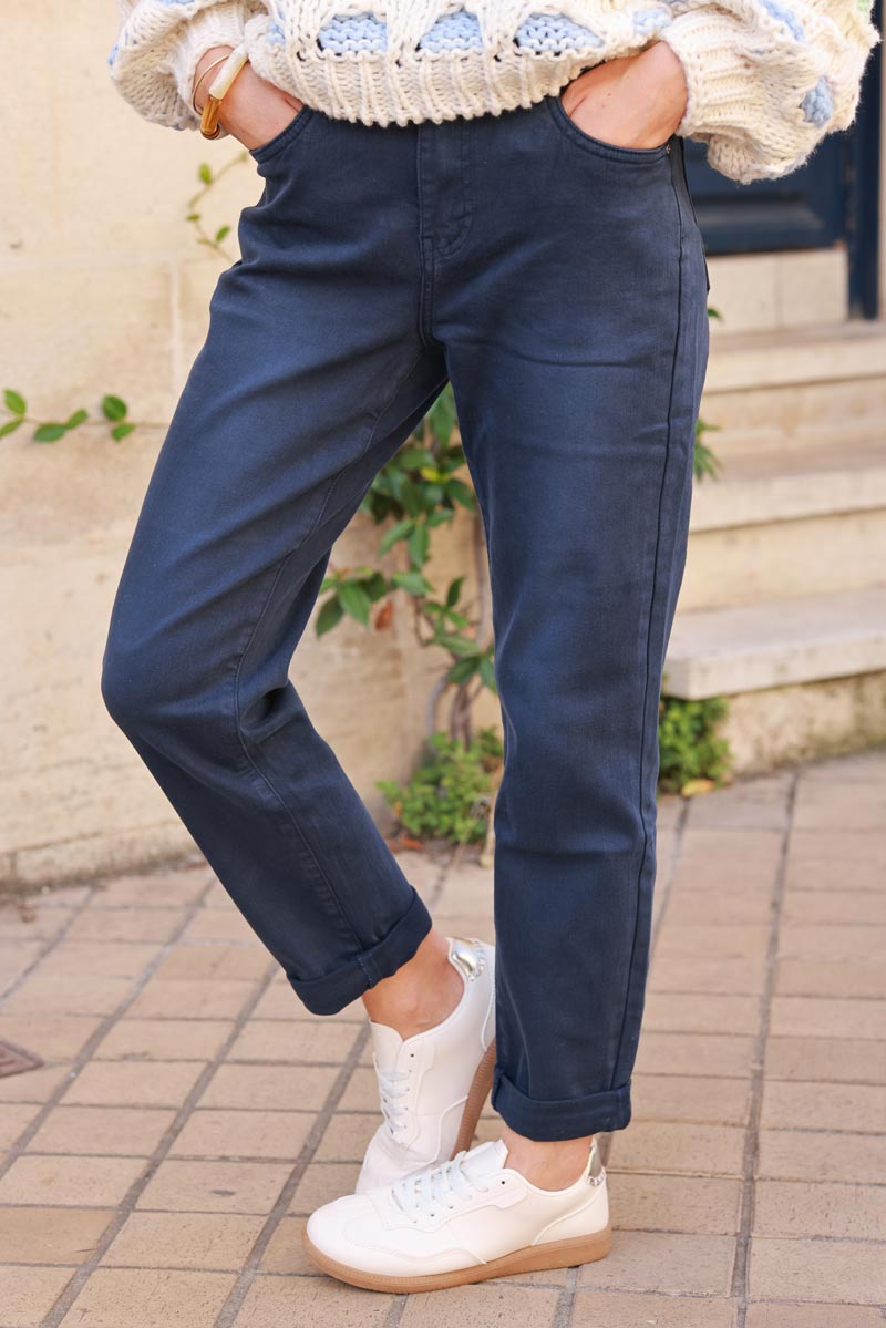 Washed navy blue stretch slim fit jeans