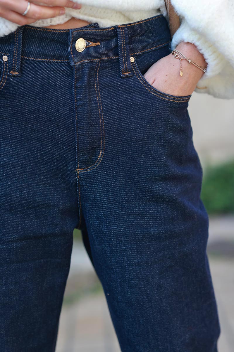 Raw denim straight stretch jeans