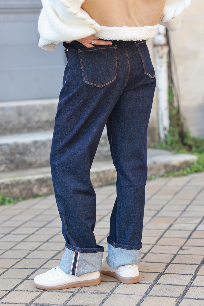 Raw denim straight stretch jeans