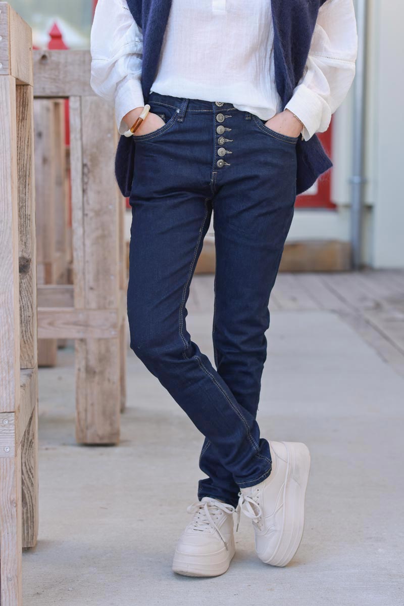 Dark Blue Jean Button-Fly Tapered Skinny Jeans