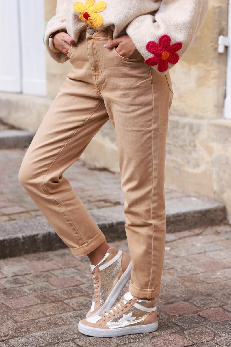 Jean camel délavé coupe slim basique