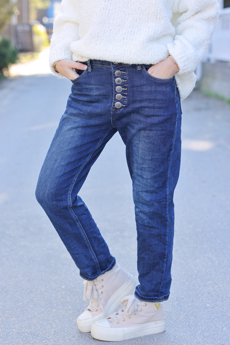 Boyfriend fit jeans in washed denim with oriental style buttons