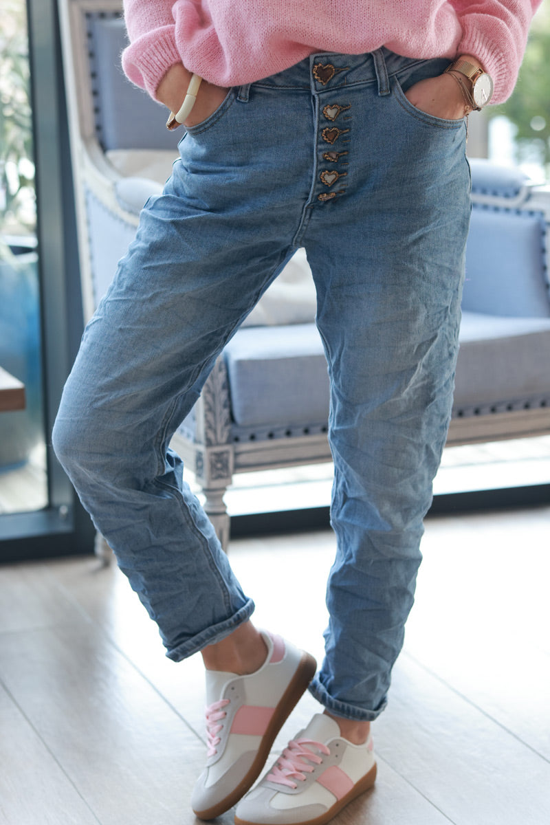 Medium Wash Vintage Button-Fly Stretch Denim Jeans