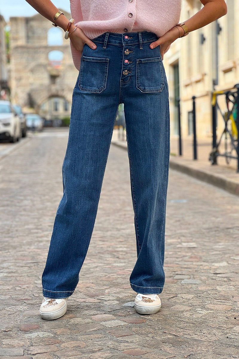 Dark-Wash Vintage Floral Button-Fly Wide-Leg Jeans