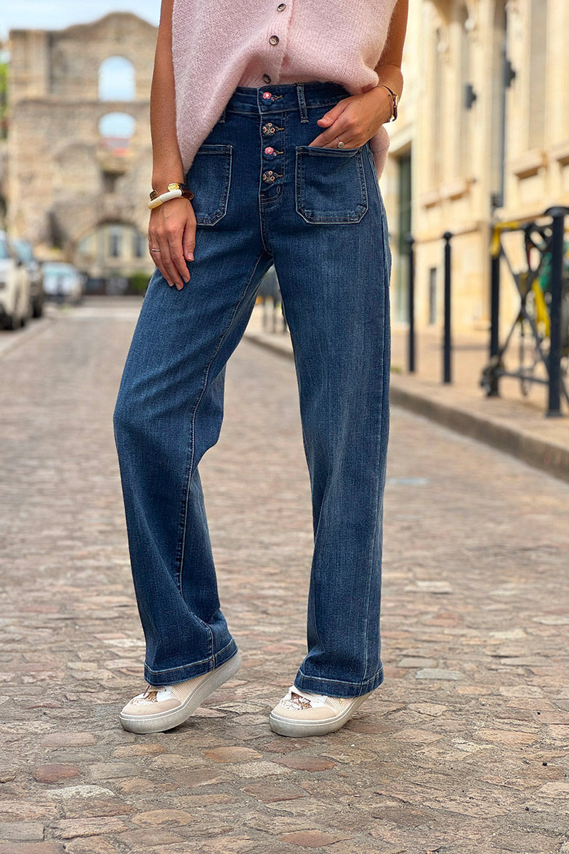 Dark-Wash Vintage Floral Button-Fly Wide-Leg Jeans