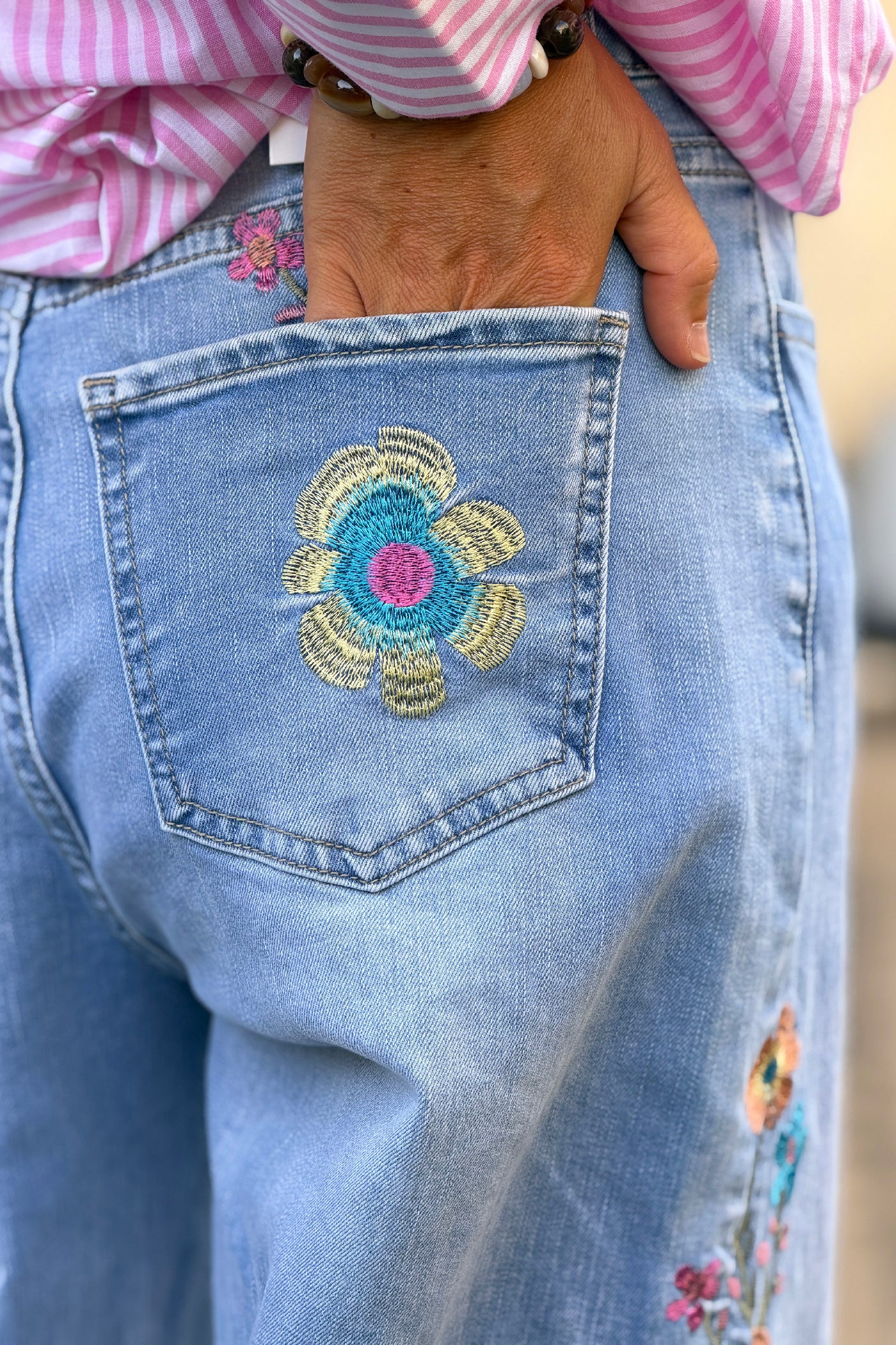 Light Blue Jean Embroidered Floral Wide-Leg Jeans
