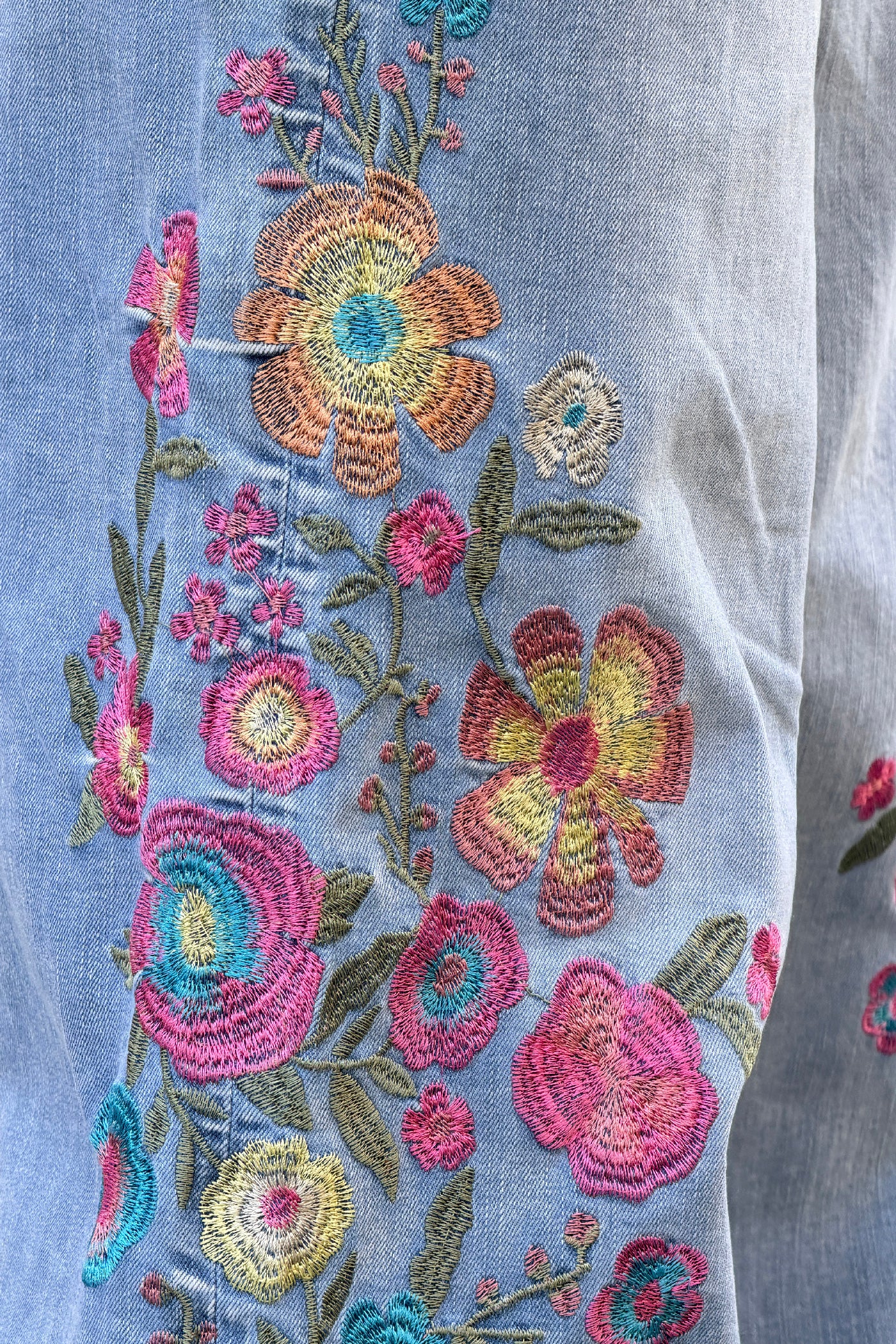 Light Blue Jean Embroidered Floral Wide-Leg Jeans
