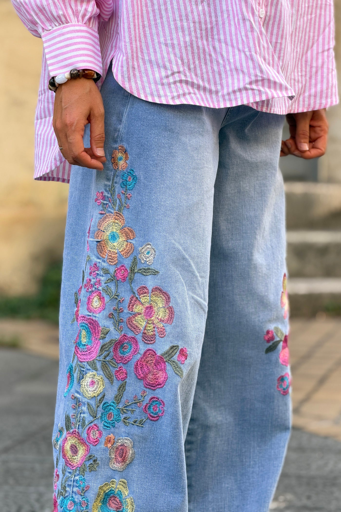 Light Blue Jean Embroidered Floral Wide-Leg Jeans
