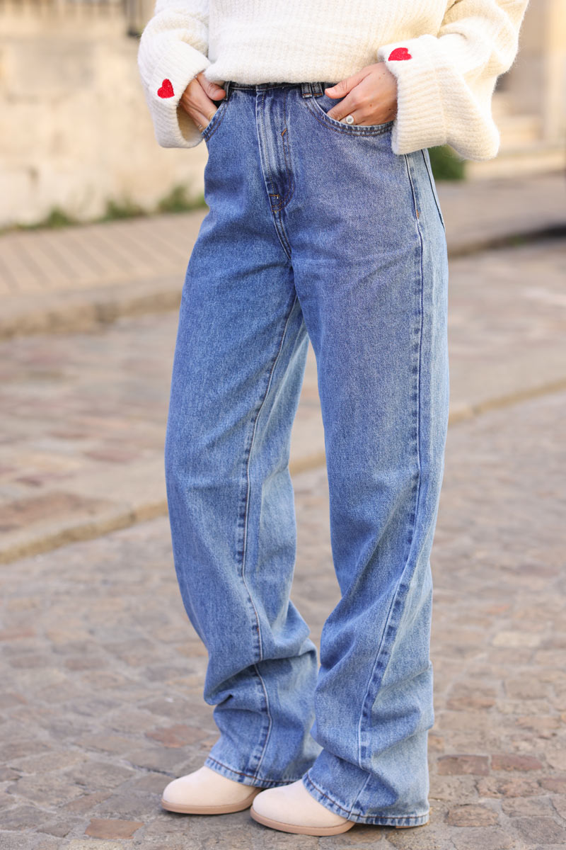 Washed denim long wide leg jeans