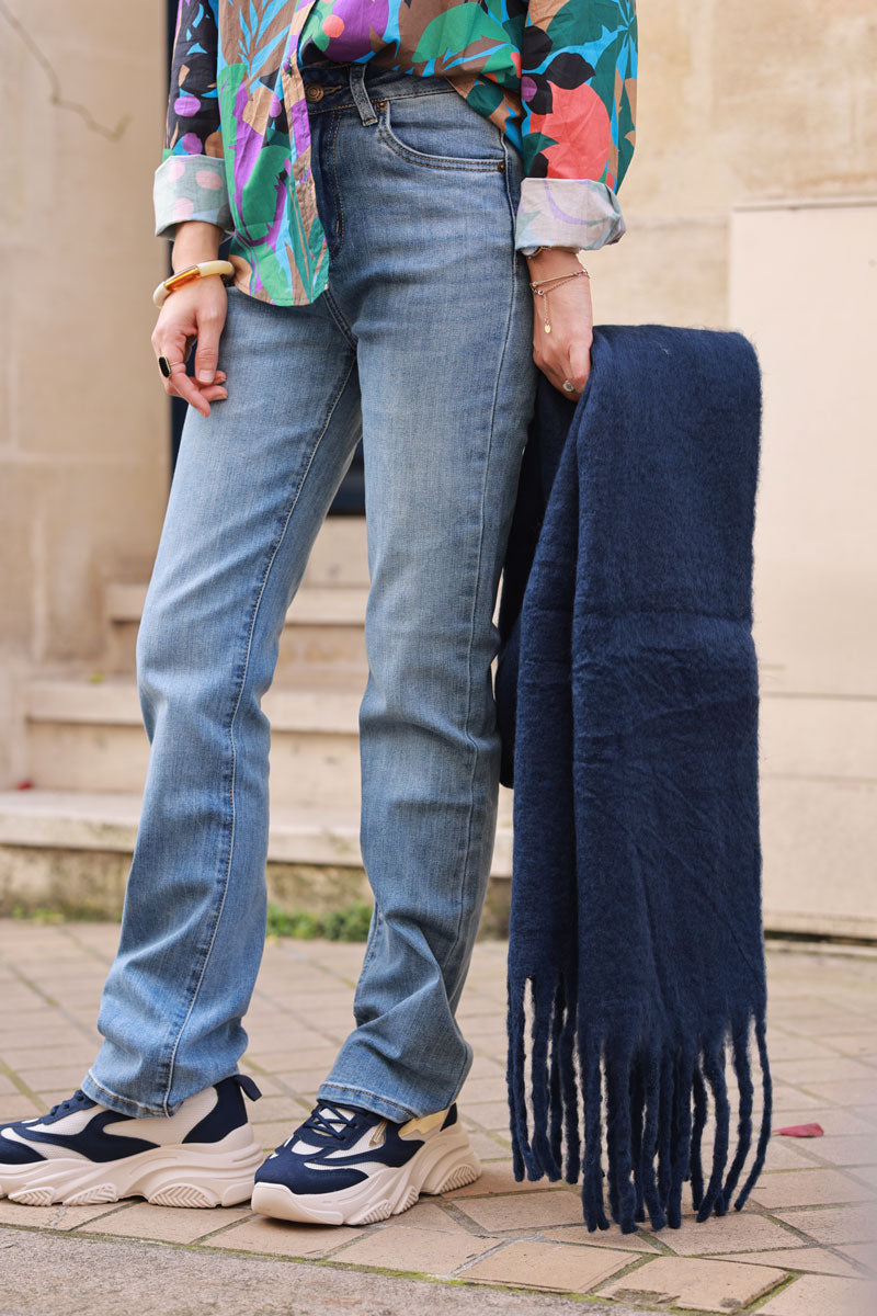 Medium Wash Distressed Denim Boot-Cut Jeans