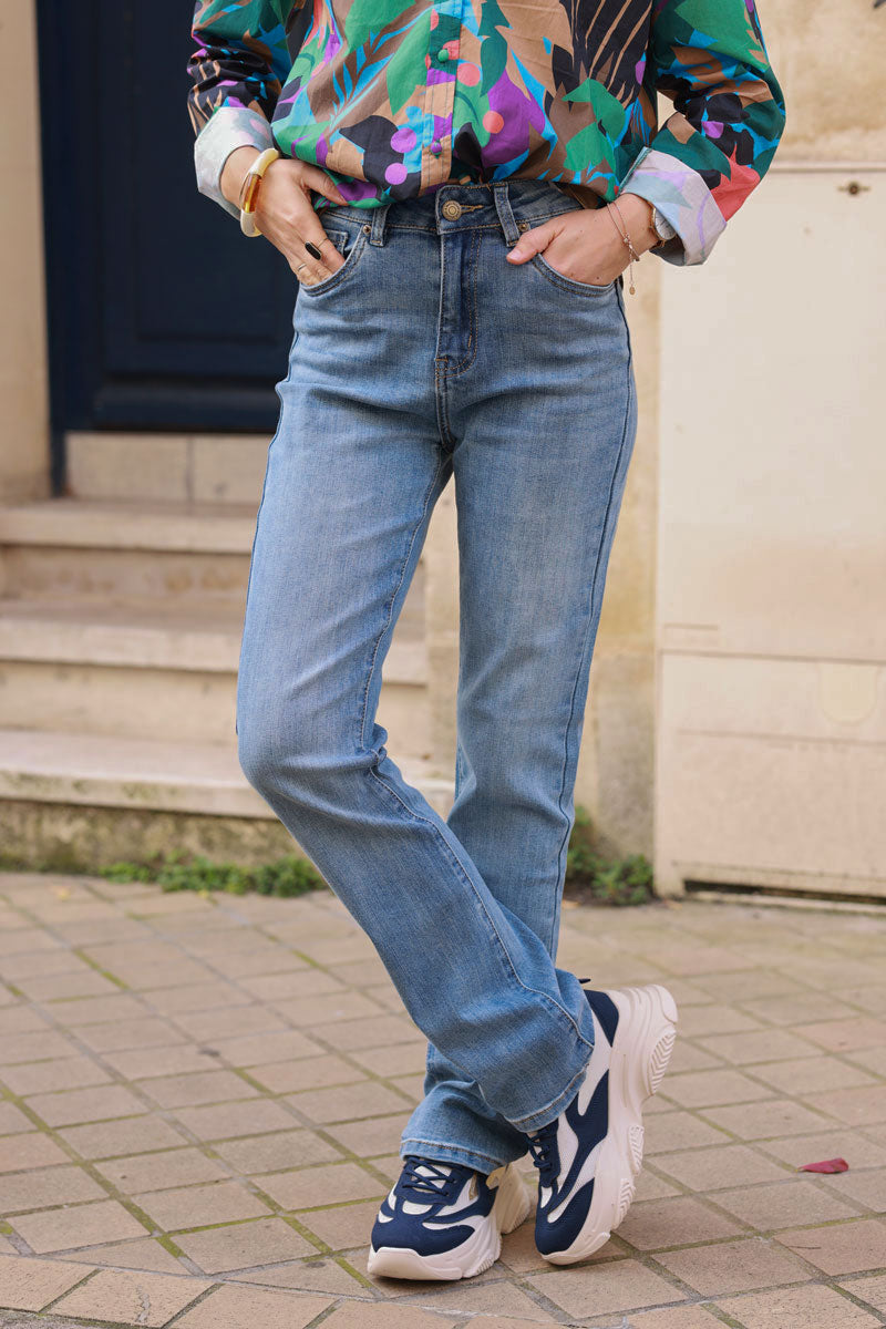 Medium Wash Distressed Denim Boot-Cut Jeans