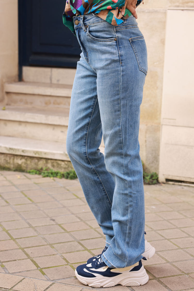 Medium Wash Distressed Denim Boot-Cut Jeans