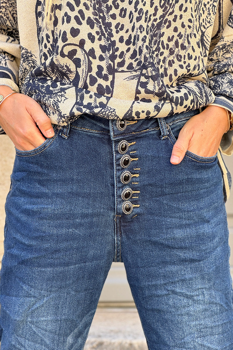 Medium Wash Antique Jewel Button-Fly Jeans
