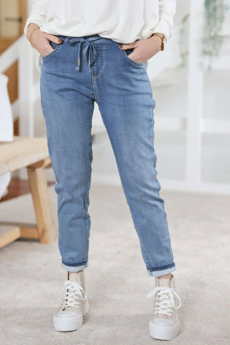 Jean délavé stretch confort à ceinture élastique rayée brillante