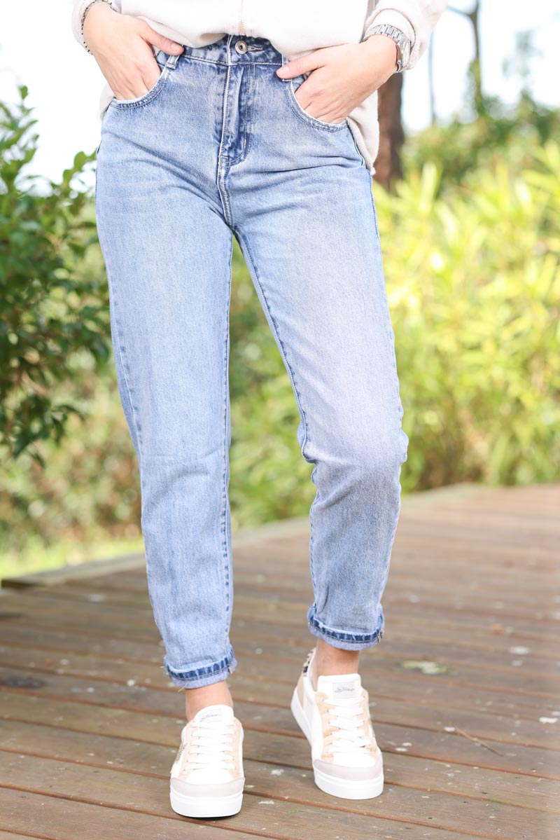 High waisted 7 8 mom fit washed jeans