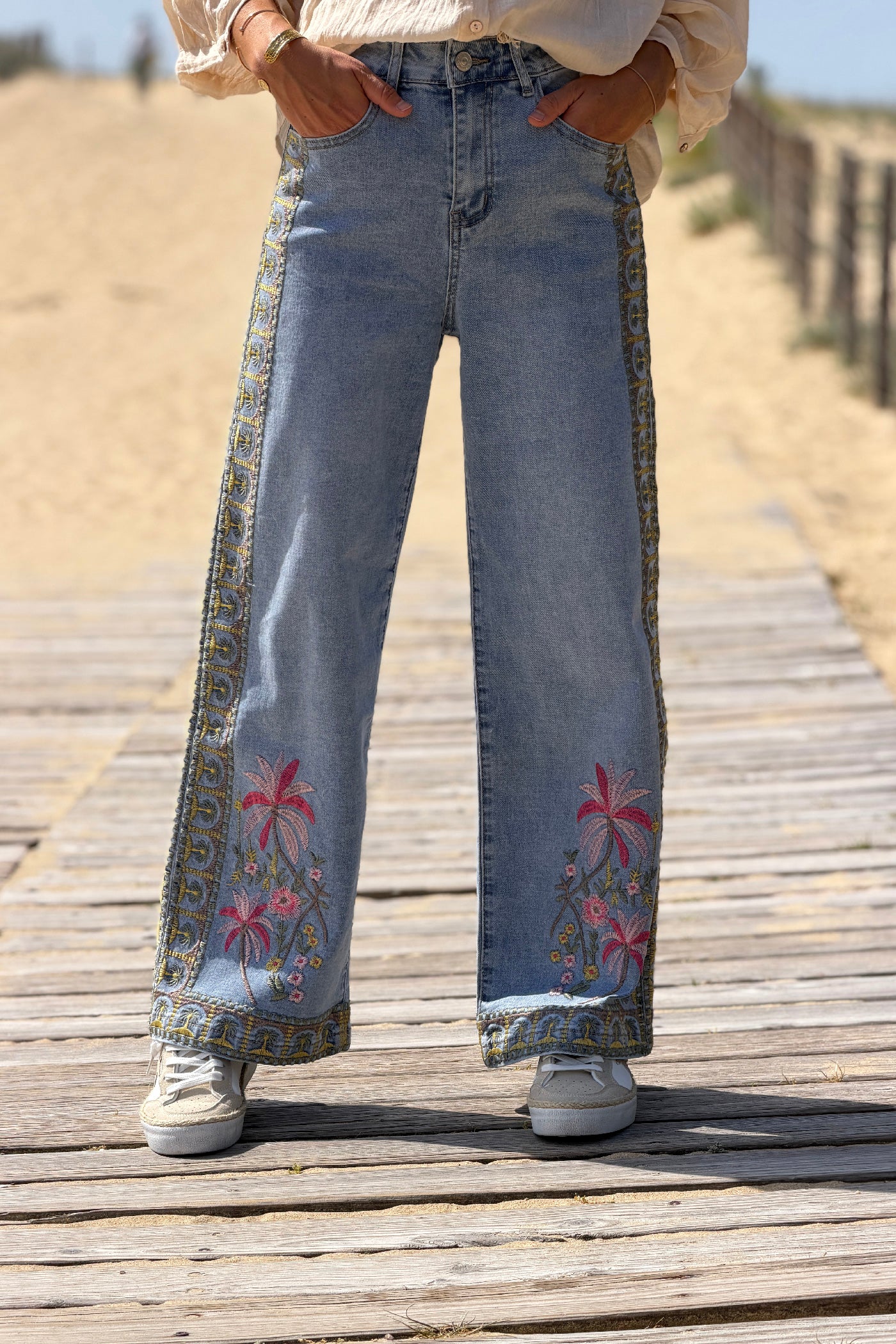 Chambray Embroidered Tropical Border Print Wide-Leg Jeans