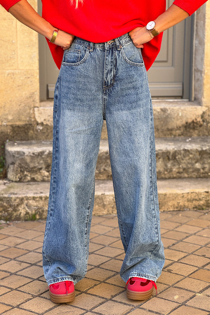 Stone Wash “All You Need is Love” Wide-Leg Retro Jeans