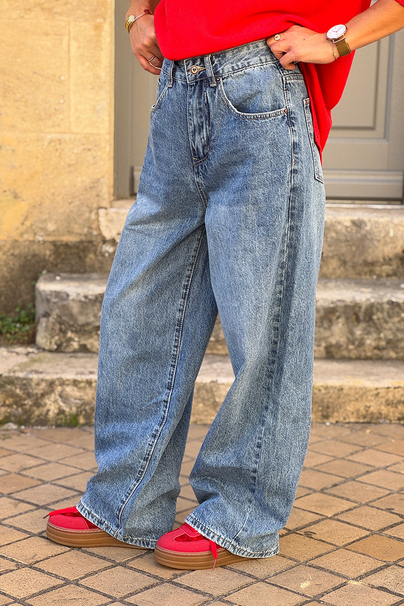 Stone Wash “All You Need is Love” Wide-Leg Retro Jeans