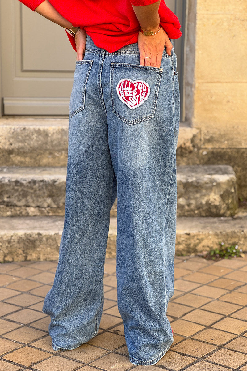 Stone Wash “All You Need is Love” Wide-Leg Retro Jeans