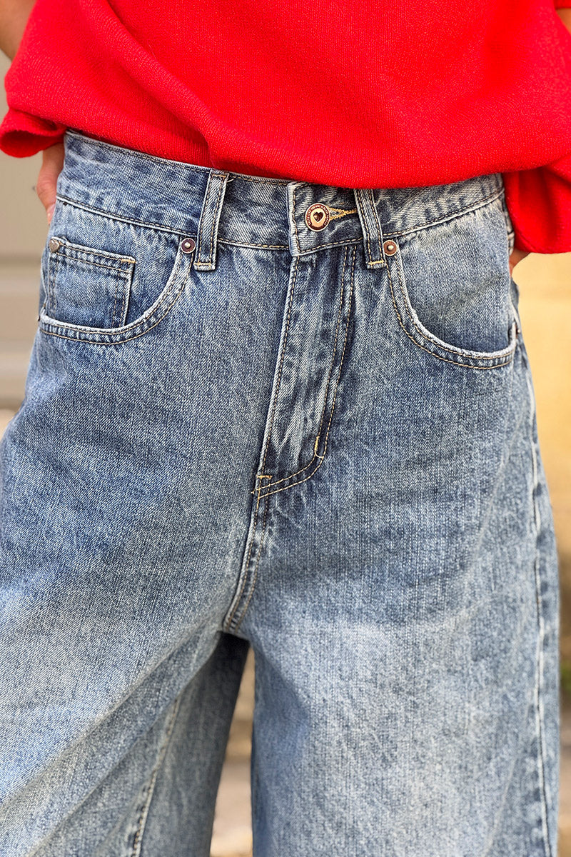 Stone Wash “All You Need is Love” Wide-Leg Retro Jeans